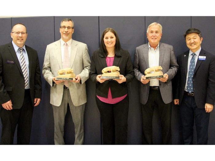 -	Penn State DuBois Alumni Society award winners with campus represenatives; from left to right, Jungwoo Ryoo, Mark Freemer, Kevryn Dixon, William Clark and Michael White.